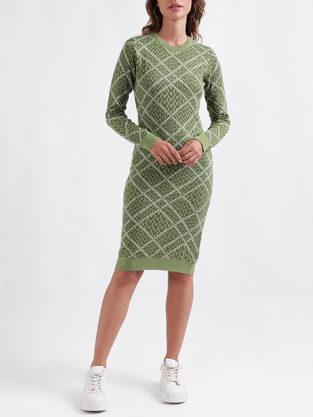 Iconic Women Woven Design Full Sleeves Round Neck Dress