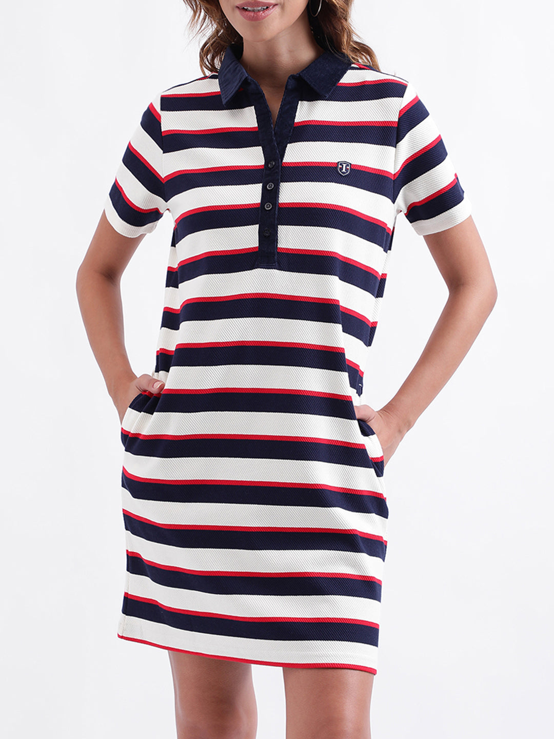 Iconic Women Striped Short Sleeves Collar Dress