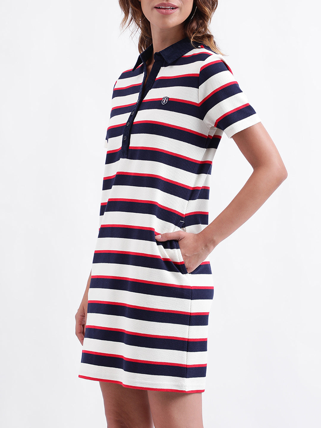 Iconic Women Striped Short Sleeves Collar Dress