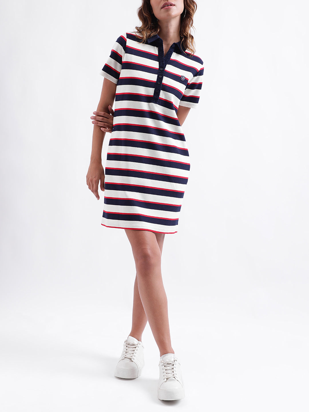 Iconic Women Striped Short Sleeves Collar Dress