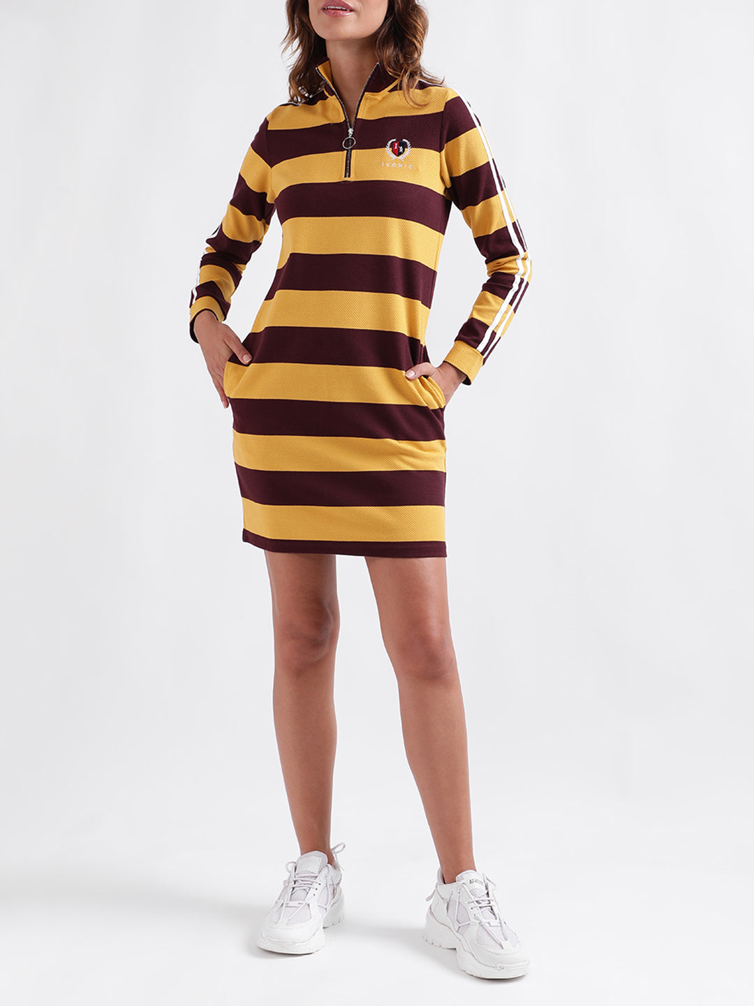 Iconic Women Striped Full Sleeves High Neck Dress