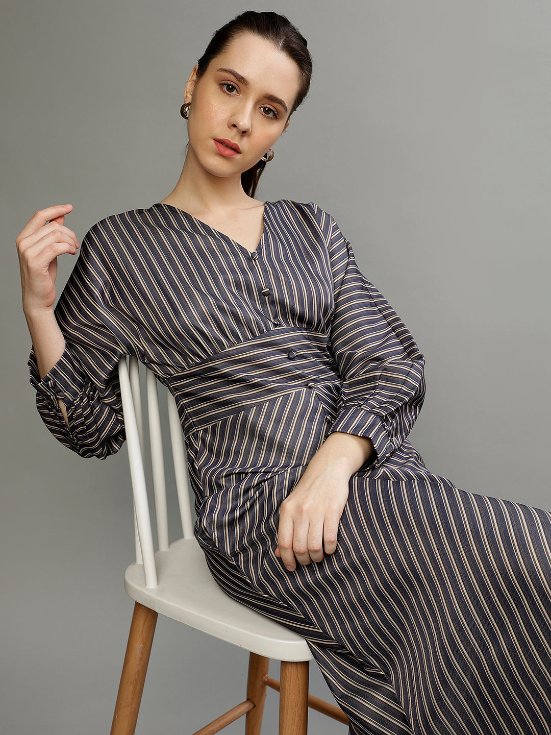 Iconic Women Stripes V-Neck Full Sleeves Dress