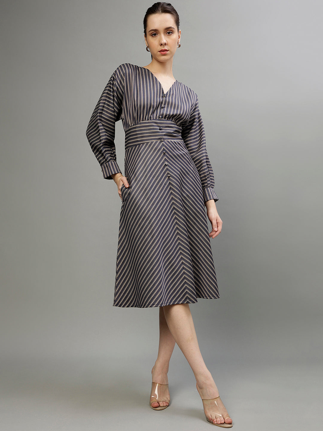 Iconic Women Stripes V-Neck Full Sleeves Dress