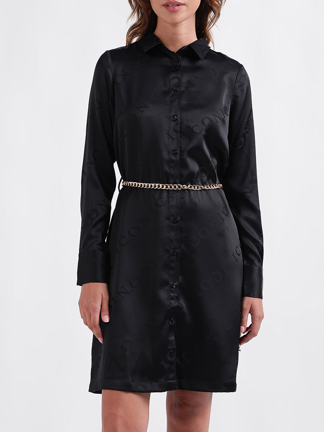 Iconic Women Solid Full Sleeves Collar Dress