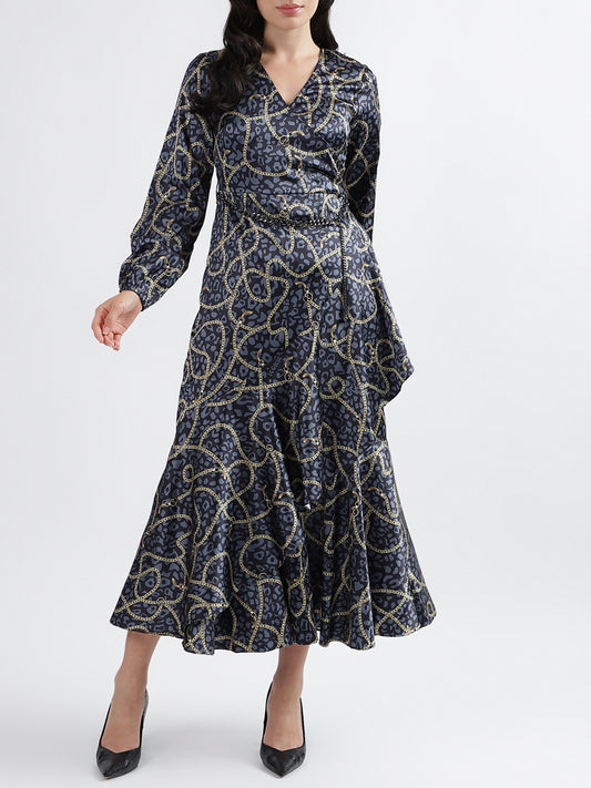 Iconic Women Printed V Neck Full Sleeves Dress