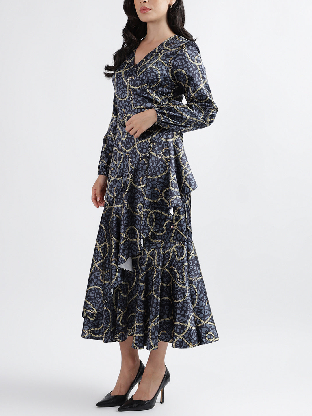 Iconic Women Printed V Neck Full Sleeves Dress