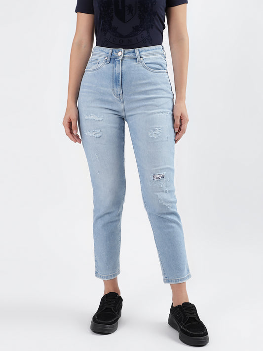 Iconic Women Blue Faded Slim Straight Fit Jeans