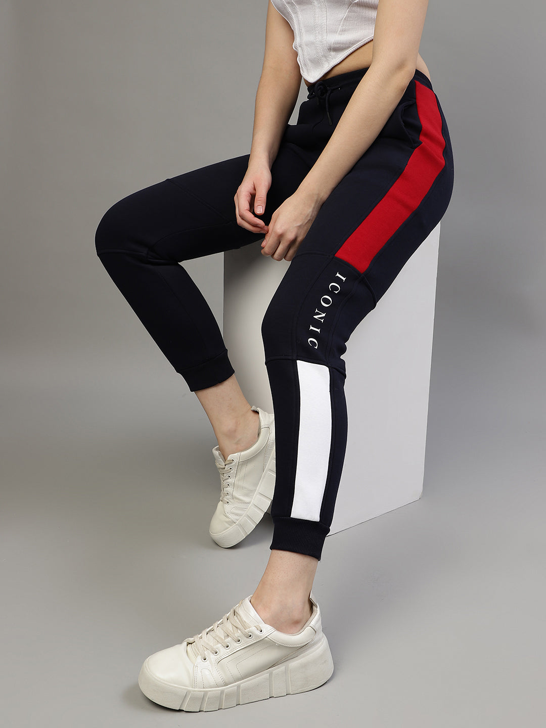 Iconic Women Navy Colorblocked Regular Fit Joggers Trackpants