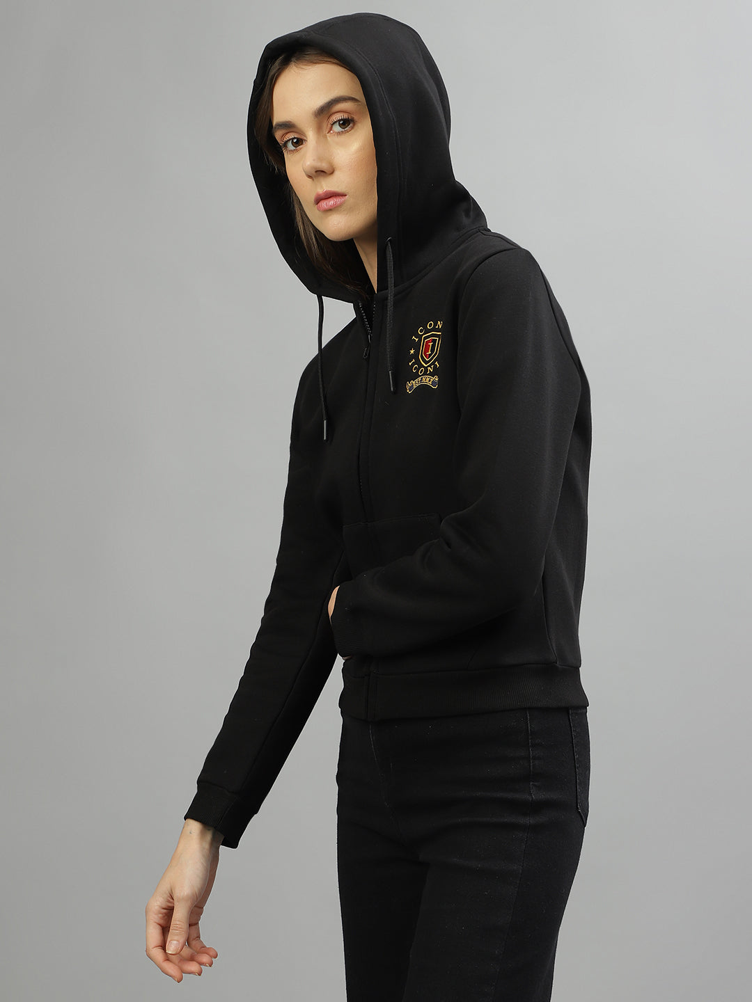 Iconic Women Solid Hooded Full Sleeves Sweatshirt