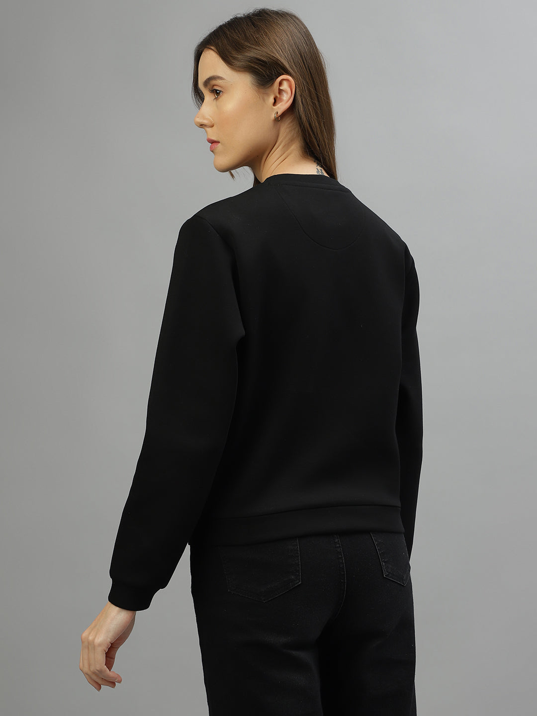 Women Black Solid Round Neck Sweatshirt