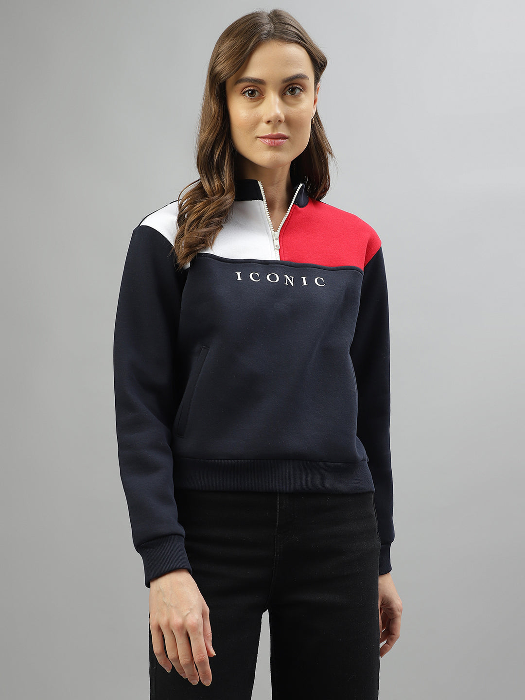 Iconic Women Colour Blocked Stand Collar Full Sleeves Sweatshirt