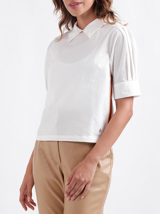 Iconic Women Solid Short Sleeves Collar Top