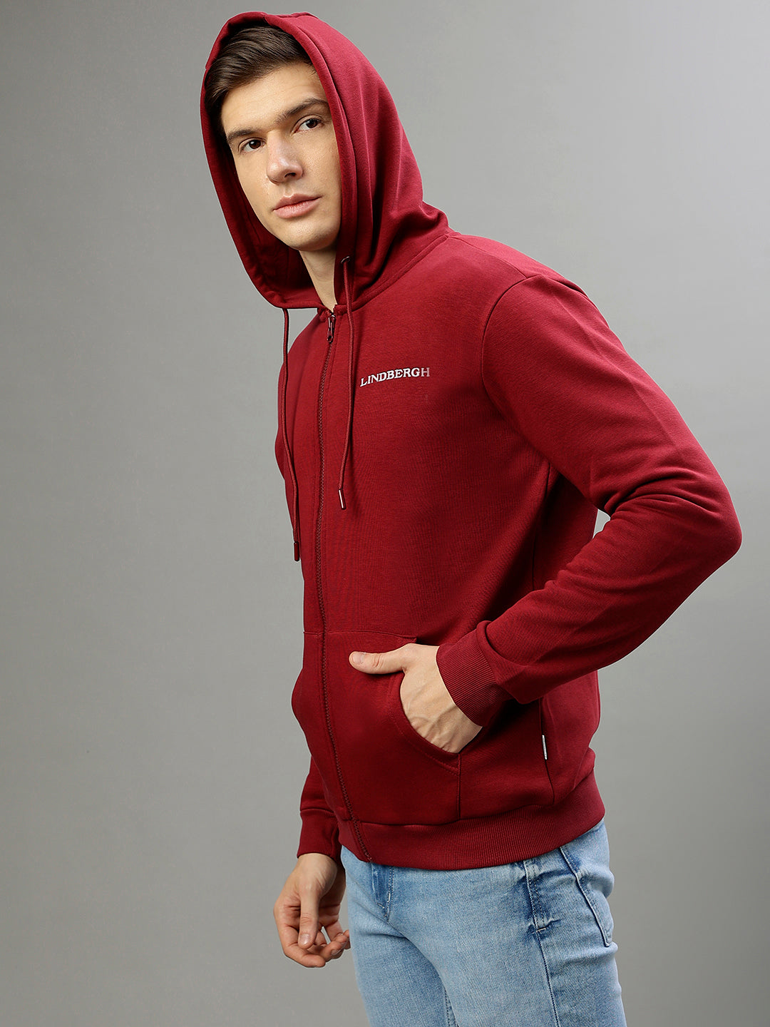 Lindbergh Men Solid Hooded Full Sleeves Sweatshirt