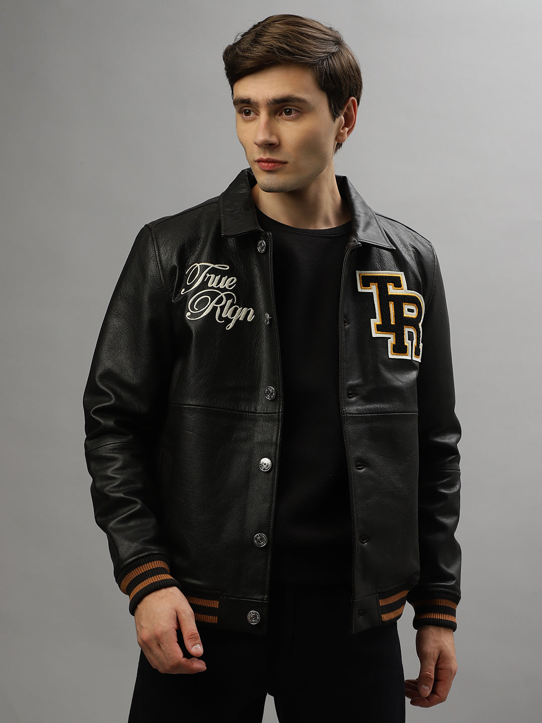 Mens Plain Black Wool Varsity Jacket | Baseball Bomber Style