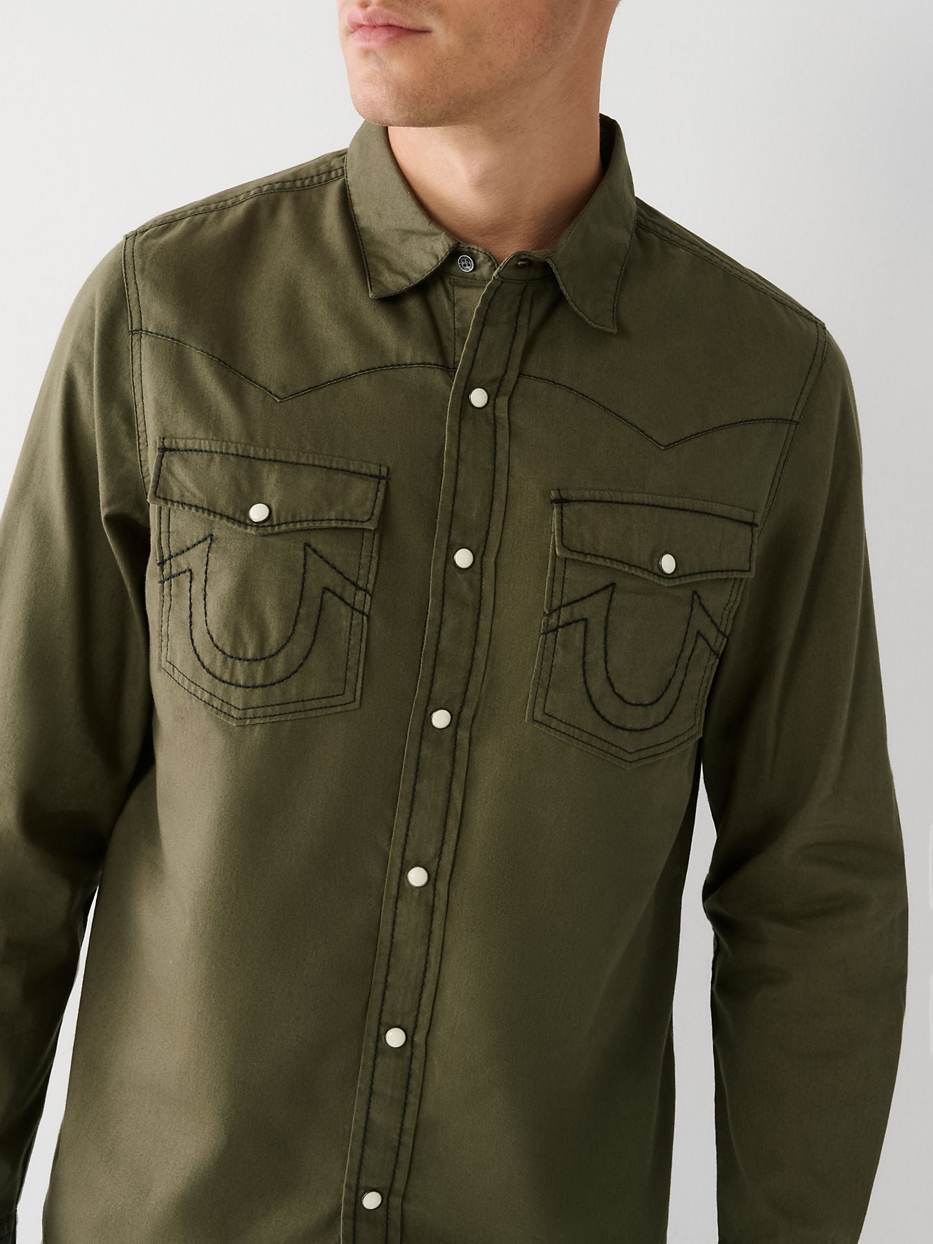 True Religion Men Green Solid Spread Collar Long Sleeves Shirt