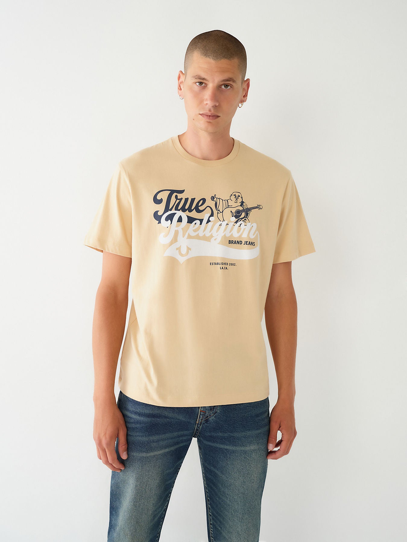 True Religion Men Beige Printed Round Neck Short Sleeves T-shirt