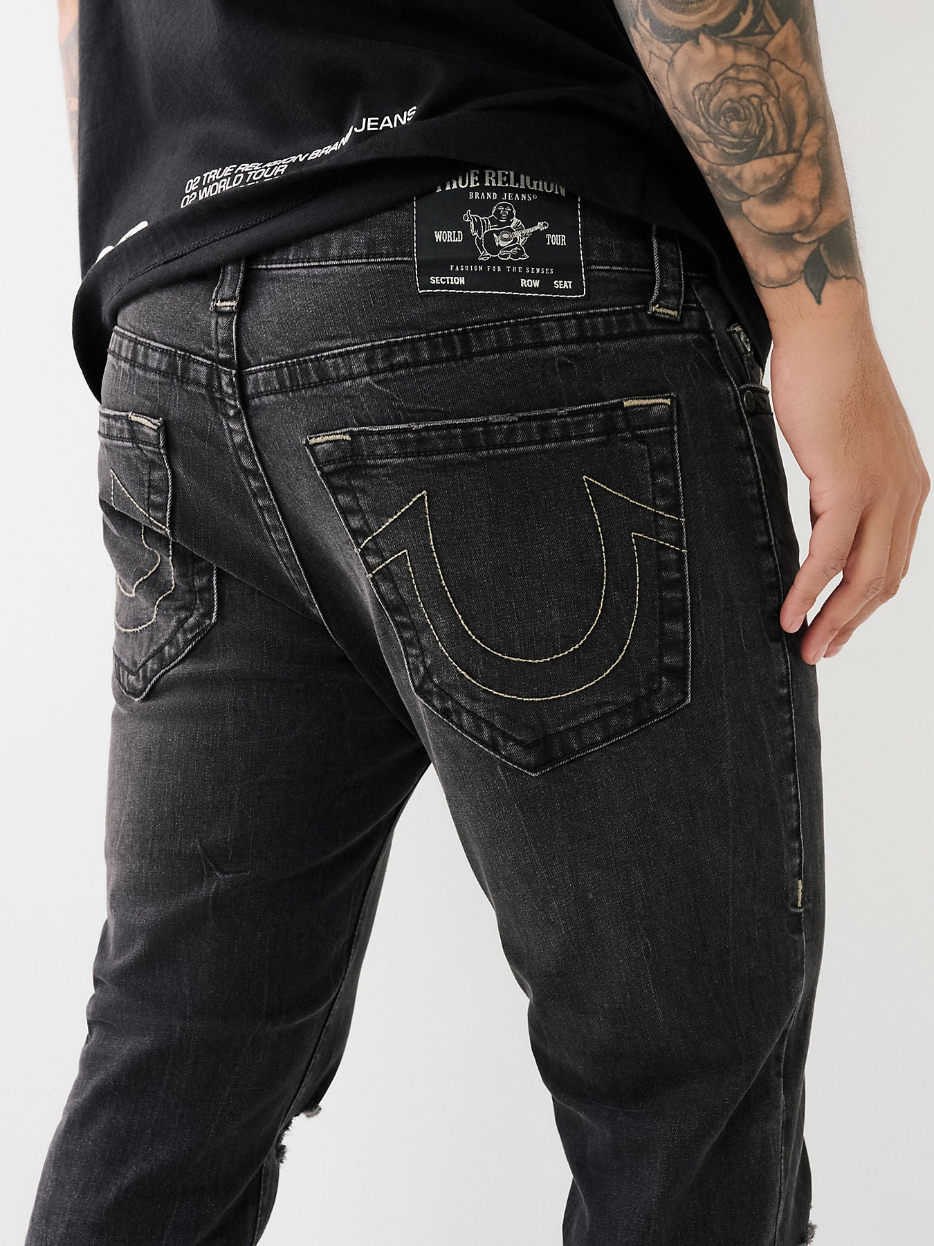 True Religion Men Black Rocco Slim Fit Slash Knee Jeans