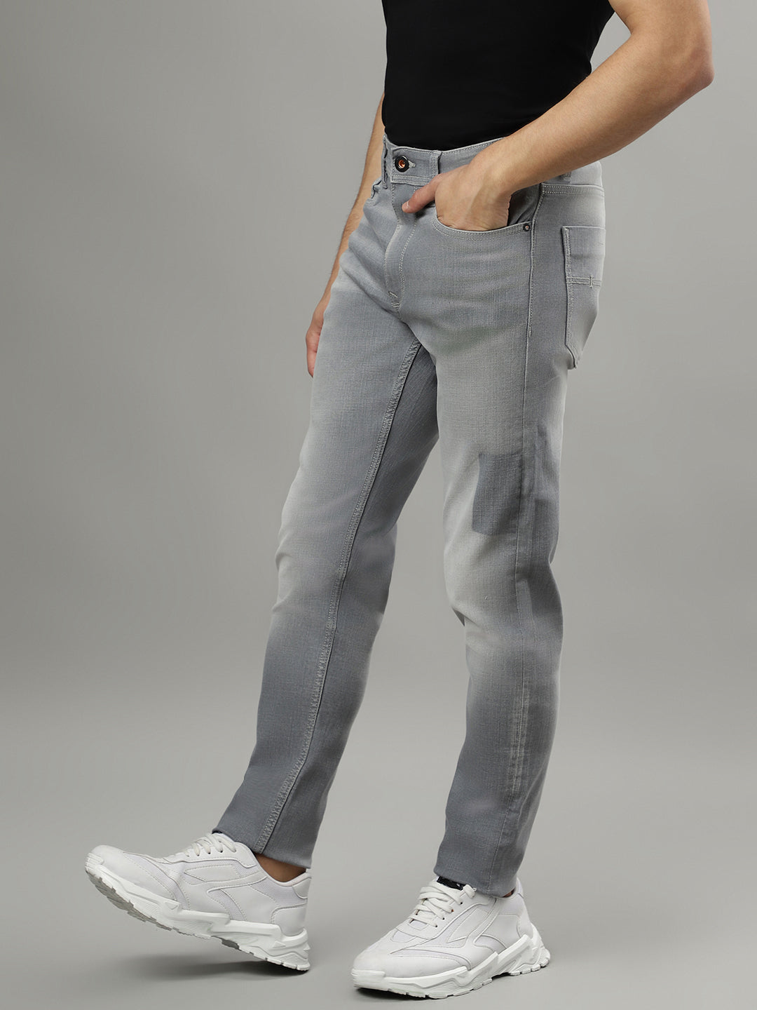 Iconic Men Grey Washed Mid-Rise Tapered Fit Jeans