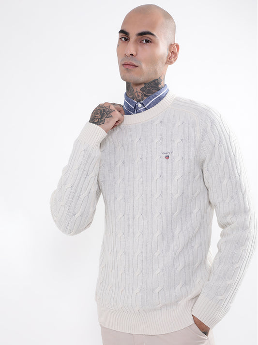 Gant Men Cream-Coloured Cable Knit Pullover