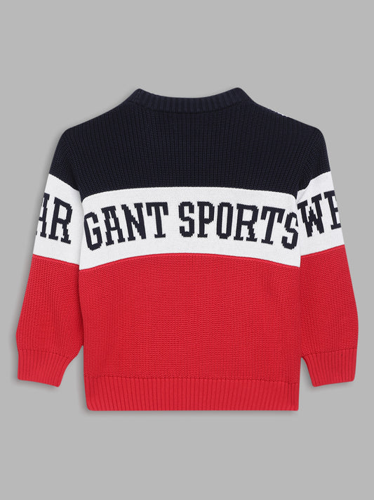 Gant Boys Navy Blue  Red Colourblocked Cotton Pullover