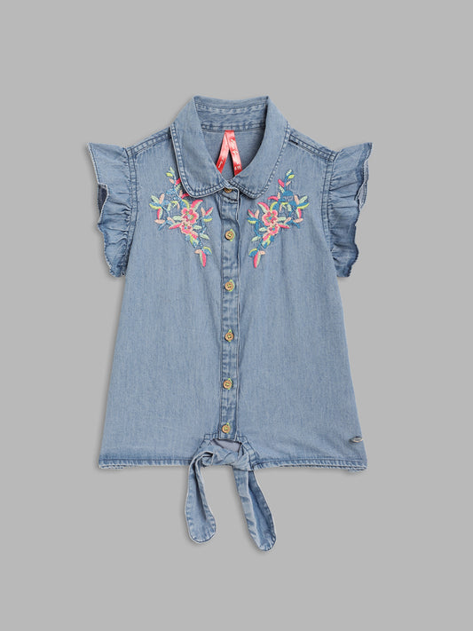 Blue Giraffe Girls Blue Embroidered Collar Top