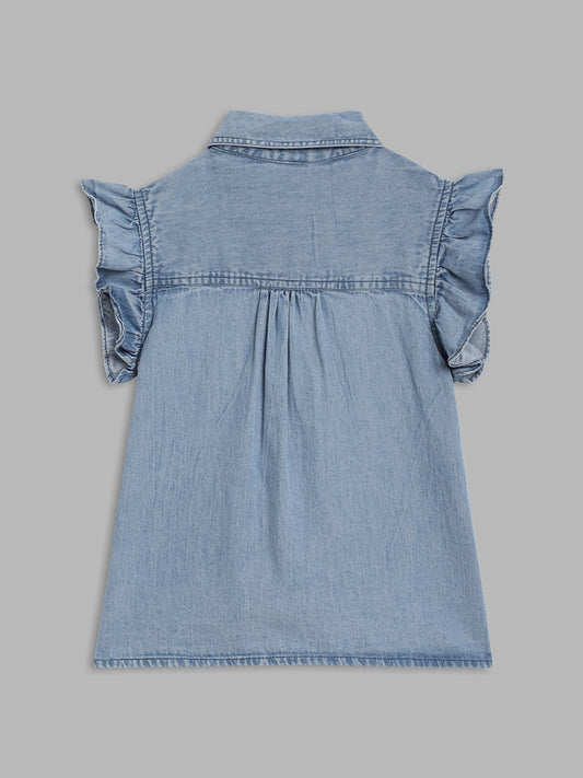 Blue Giraffe Girls Blue Embroidered Collar Top