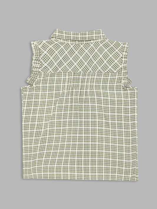 Elle Girls Olive Checked Round Neck Top