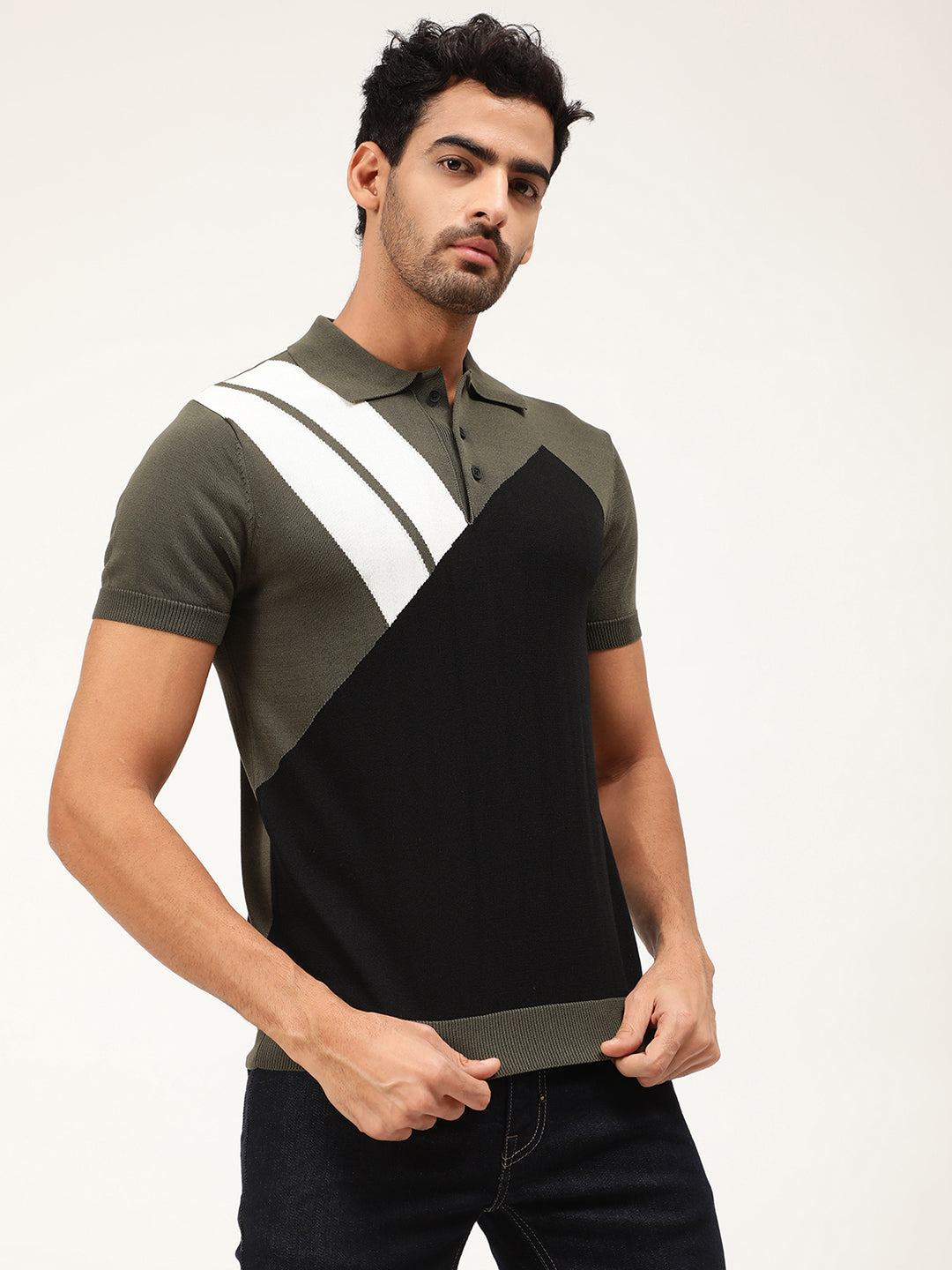 Antony Morato Men Olive Green  White Colourblocked Pullover