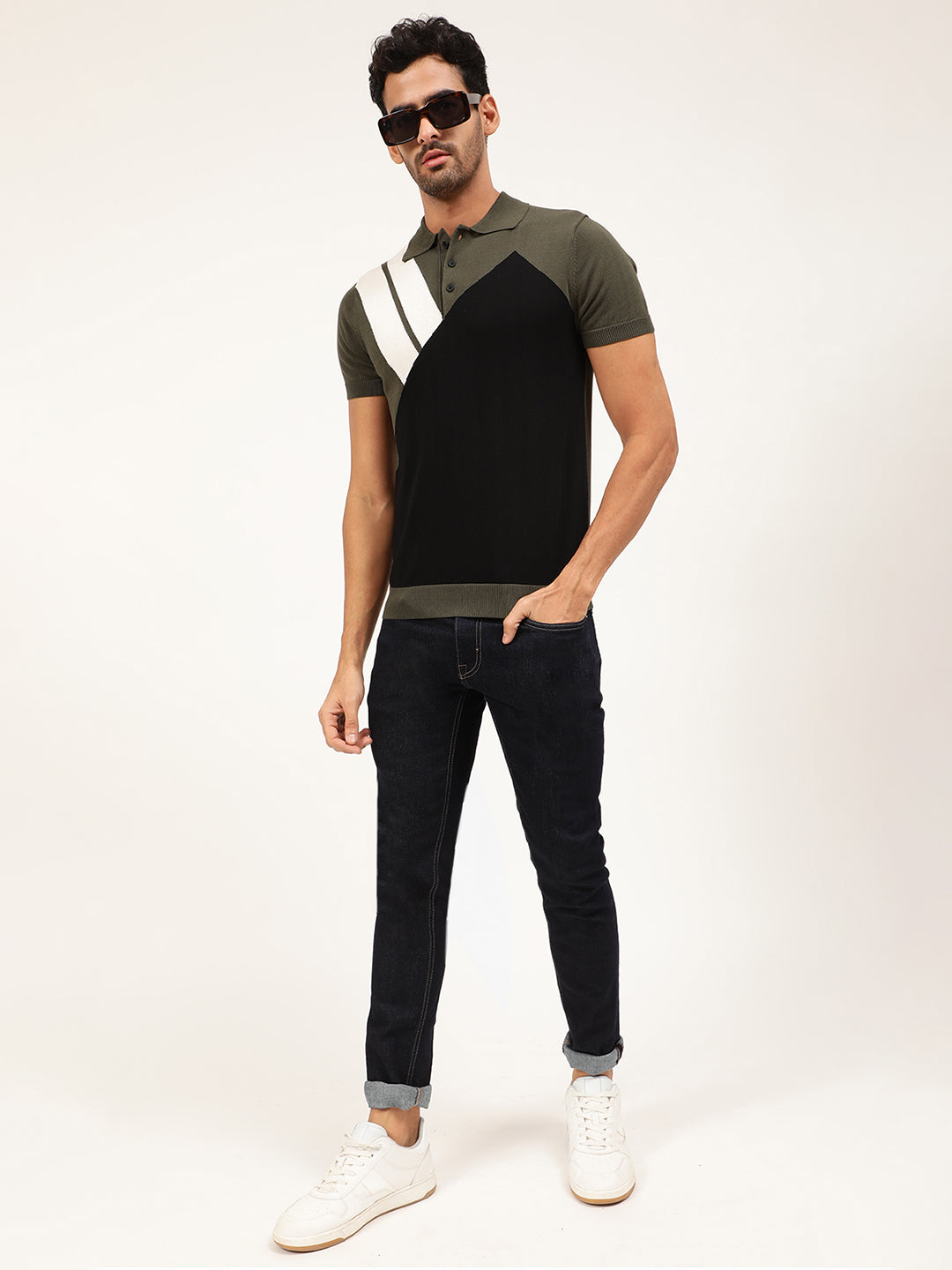 Antony Morato Men Olive Green  White Colourblocked Pullover