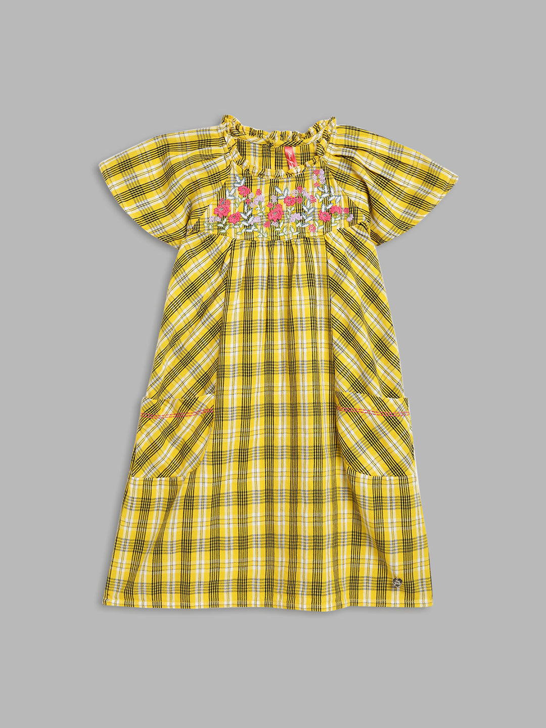 Blue Giraffe Girls Yellow Checked Round Neck Dress