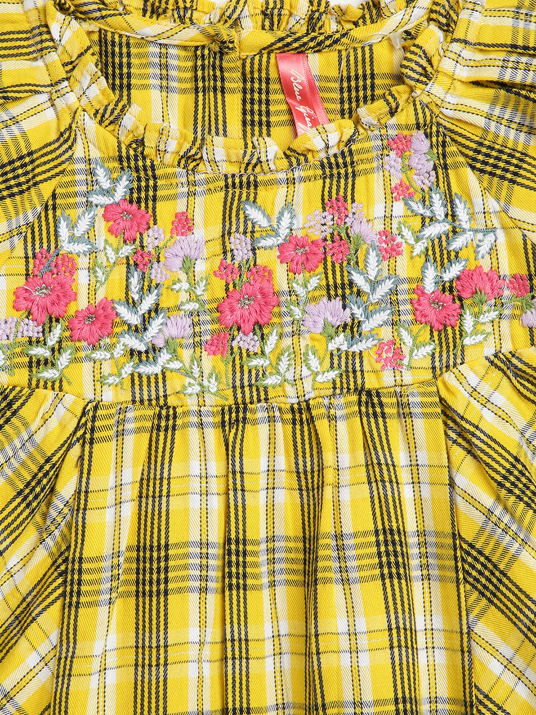 Blue Giraffe Girls Yellow Checked Round Neck Dress