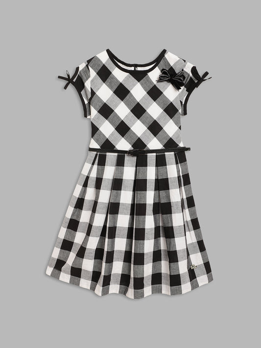 Elle Kids Girls Black Checked Round Neck Dress