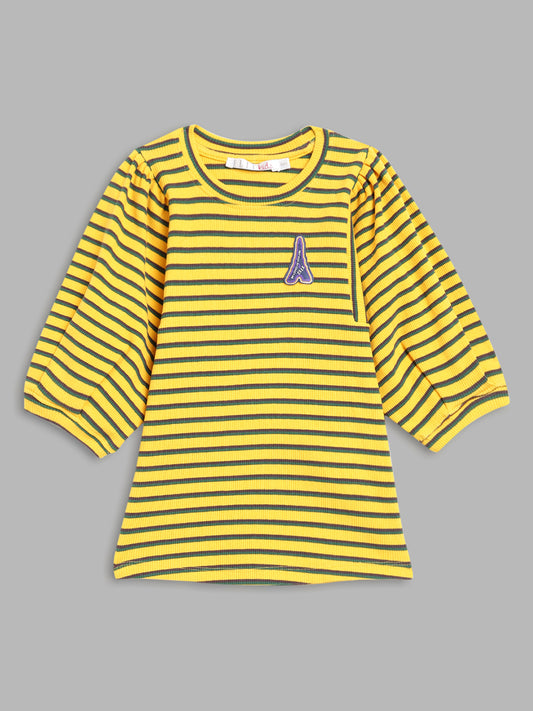 Elle Kids Girls Yellow Striped Round Neck TShirt