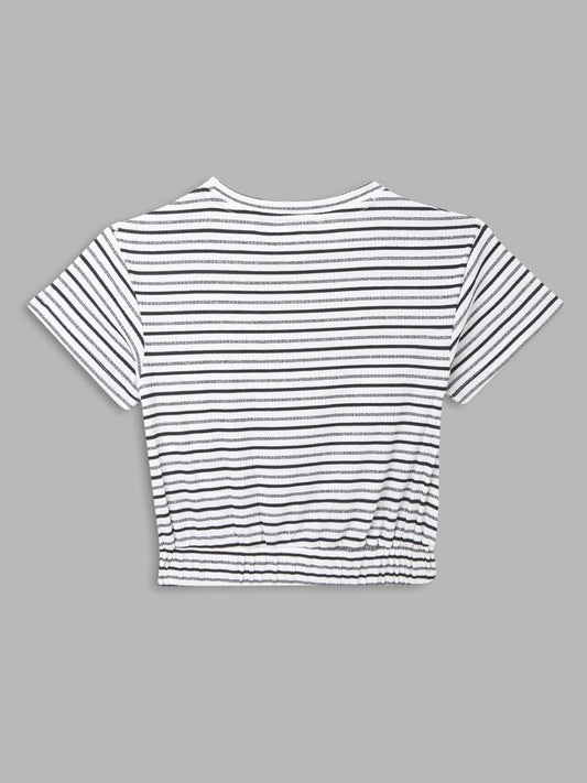 Elle Kids Girls White Striped Round Neck TShirt