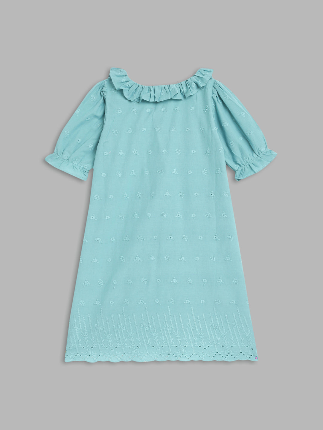 Blue Giraffe Girls Blue Embroidered Round Neck Dress