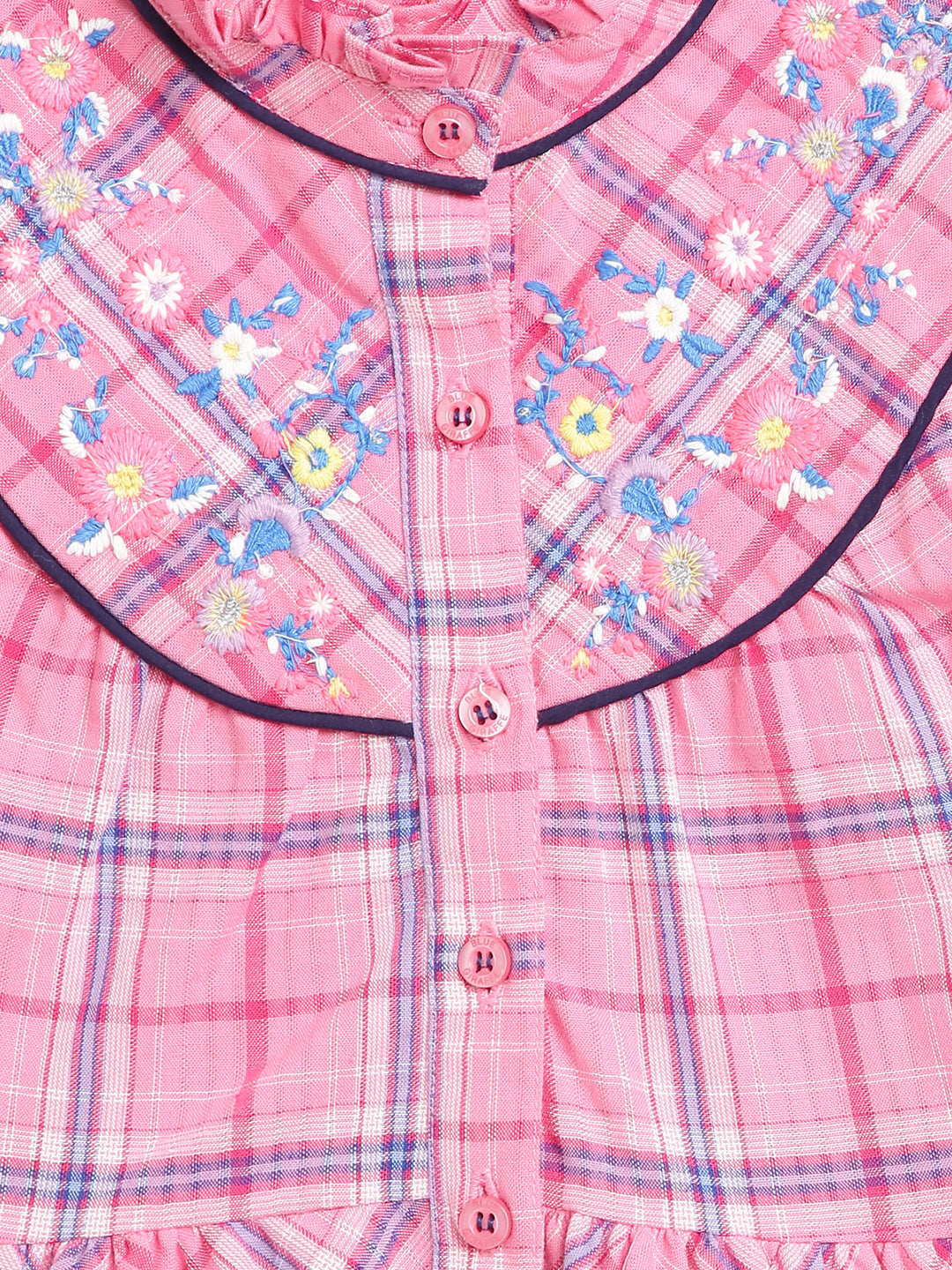 Blue Giraffe Girls Pink Checked Round Neck Dress