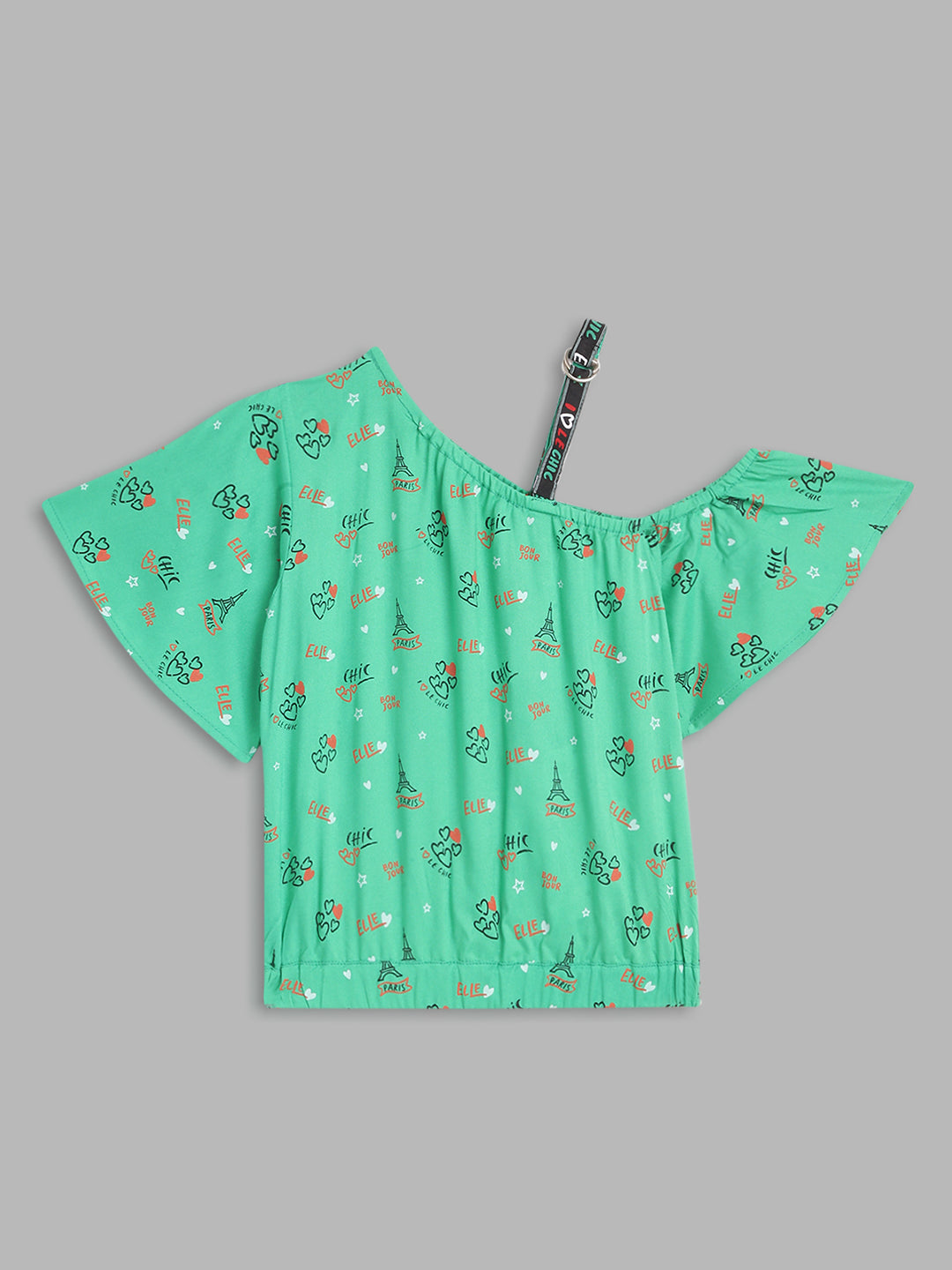 Elle Kids Girls Green Printed Asymmetrical Top