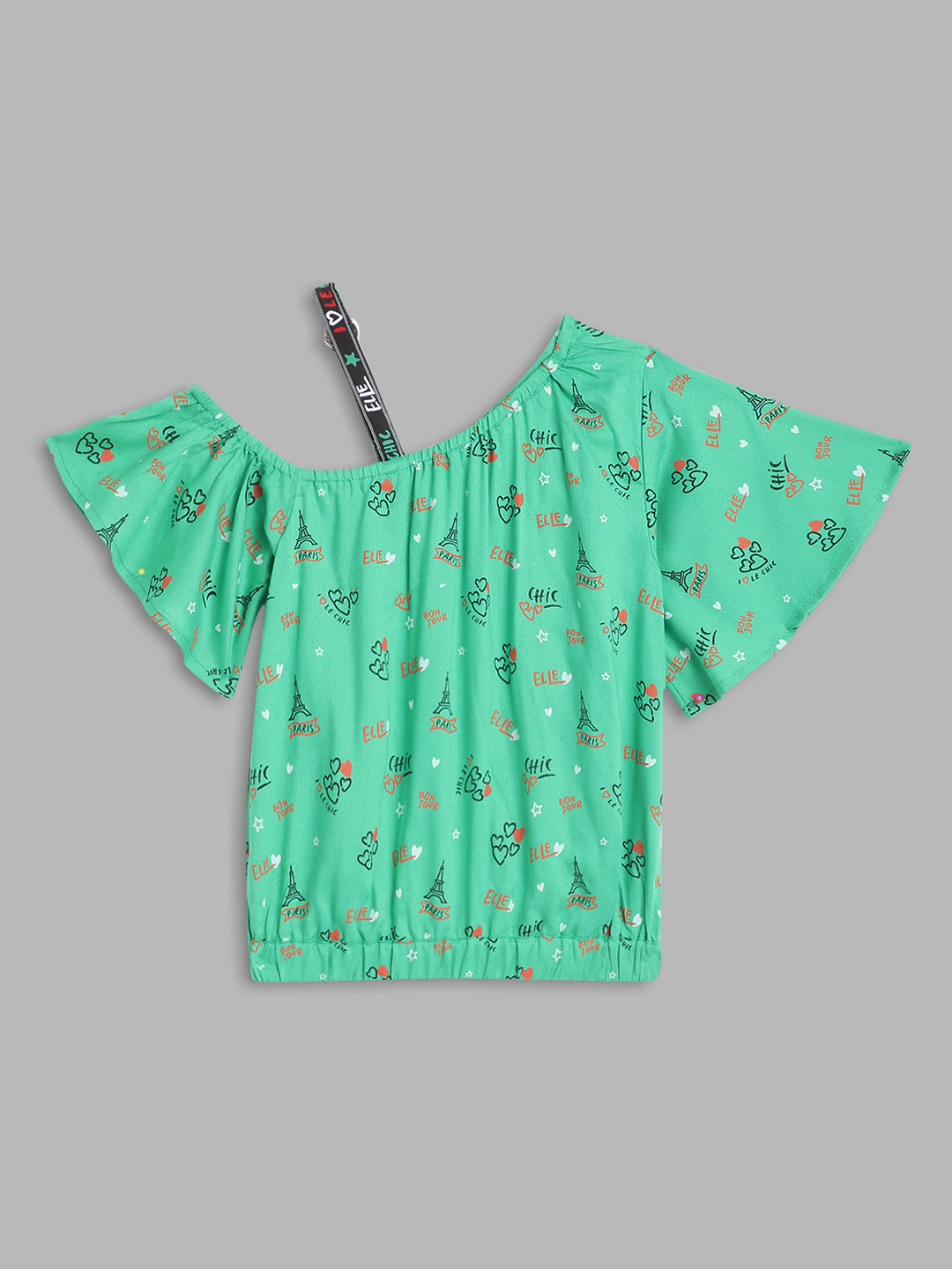 Elle Kids Girls Green Printed Asymmetrical Top