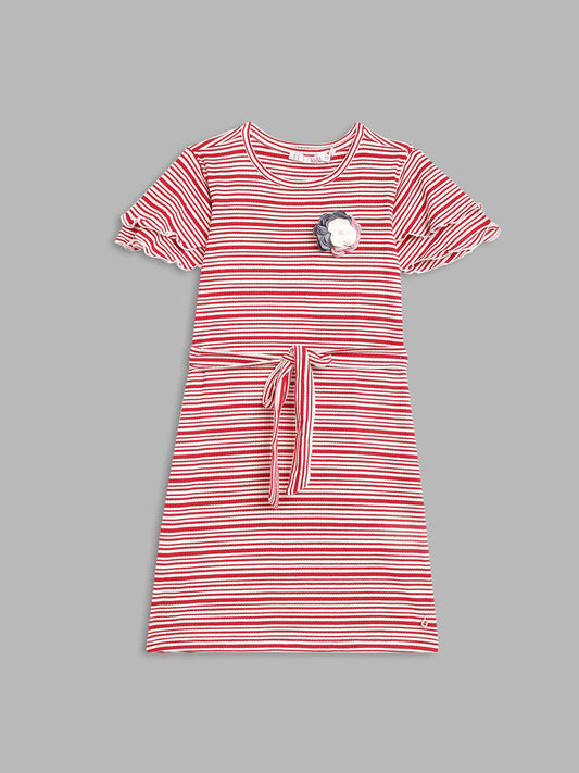 Elle Kids Girls Coral Striped Round Neck Dress