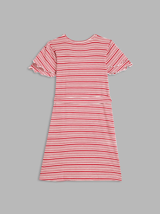 Elle Kids Girls Coral Striped Round Neck Dress