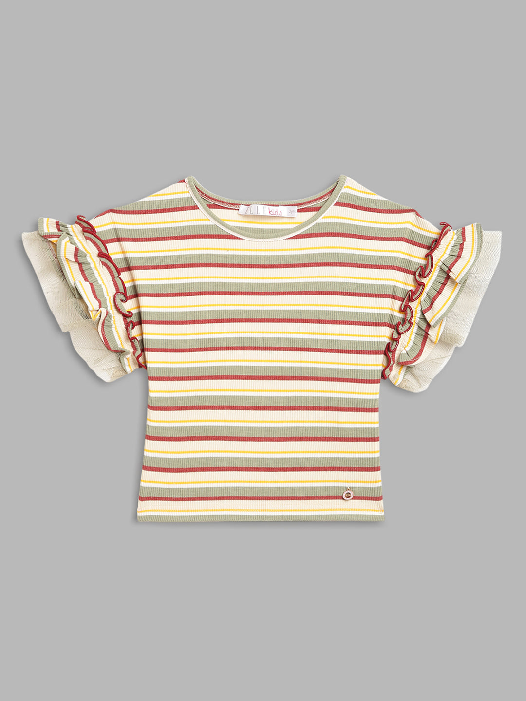 Elle Kids Girls Olive Striped Round Neck TShirt