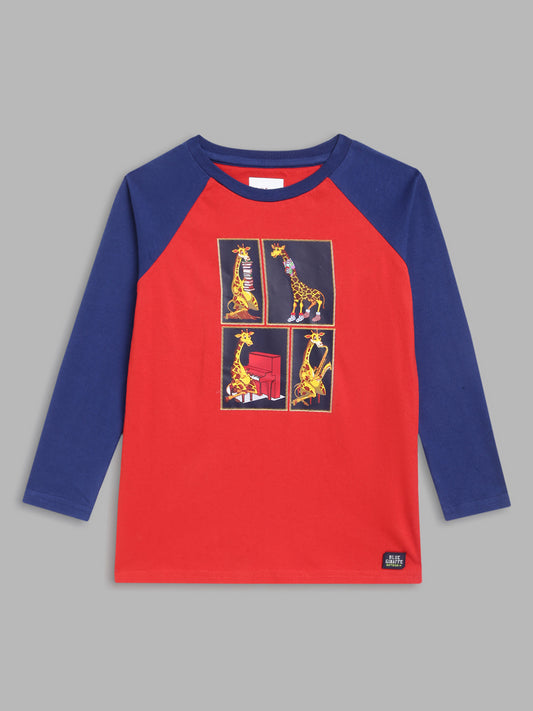 Blue Giraffe Boys Red Colour blocked TShirt