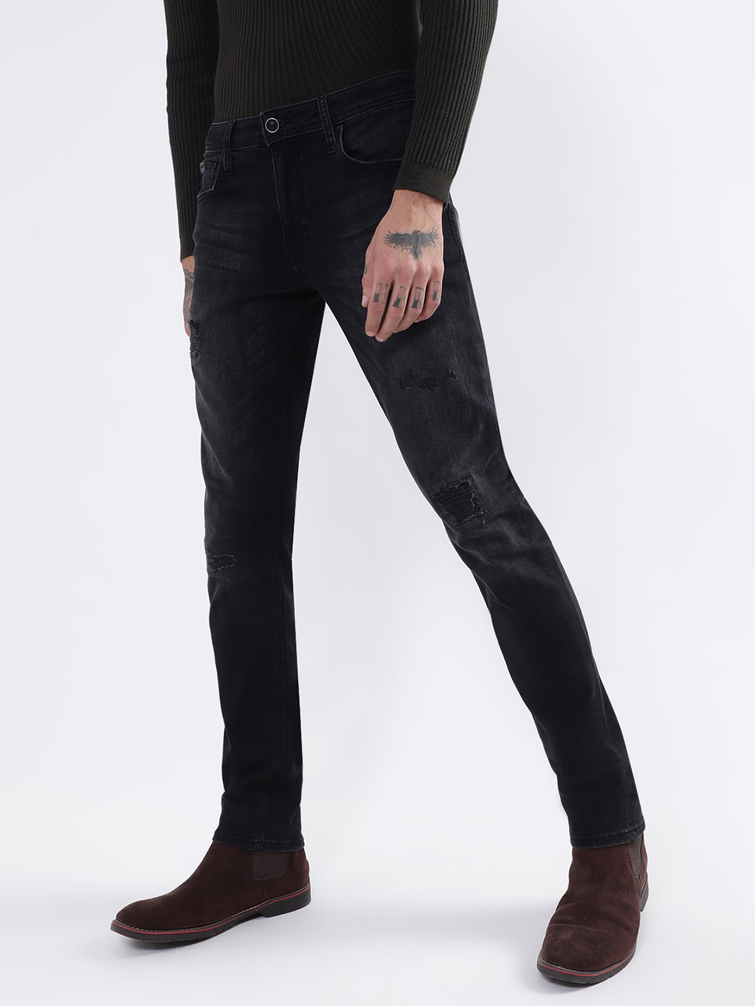 Antony Morato Men Black Low Distress Light Fade Slim Fit Jeans