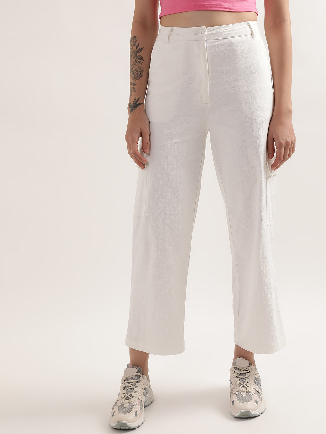 Elle Women White Solid Regular Fit Trouser