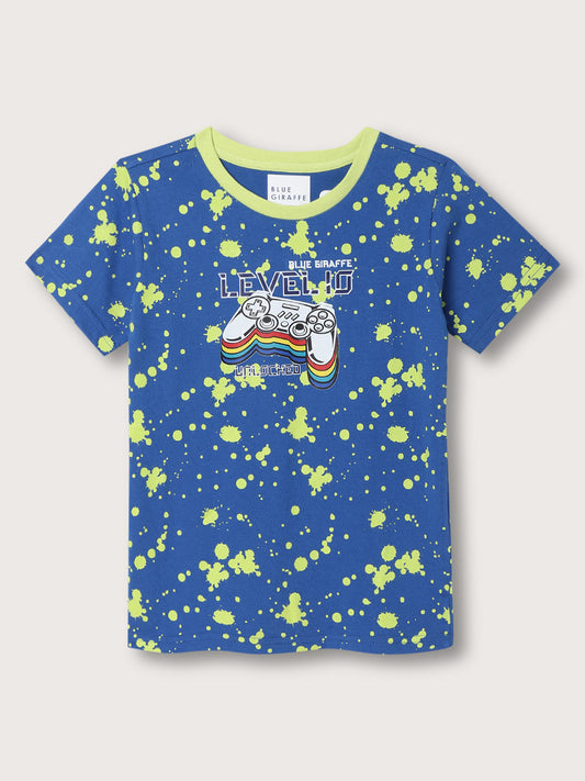 Blue Giraffe Kids Blue & Neo Lime Fashion Printed Regular Fit T-Shirt