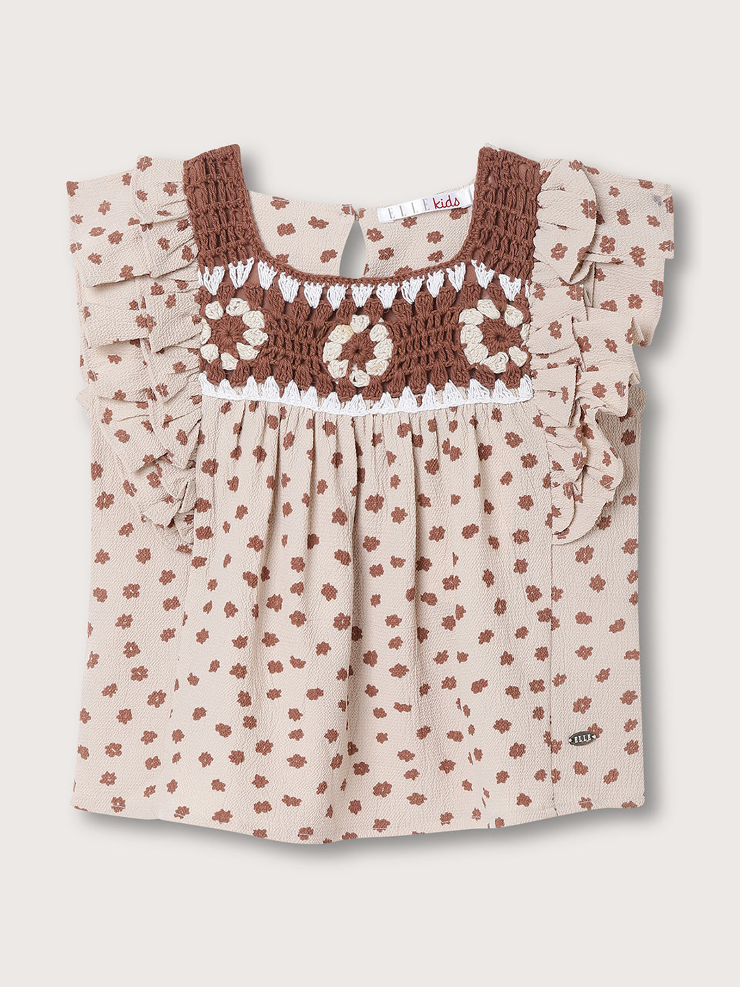 Elle Kids Girls Beige Round Neck Printed Top