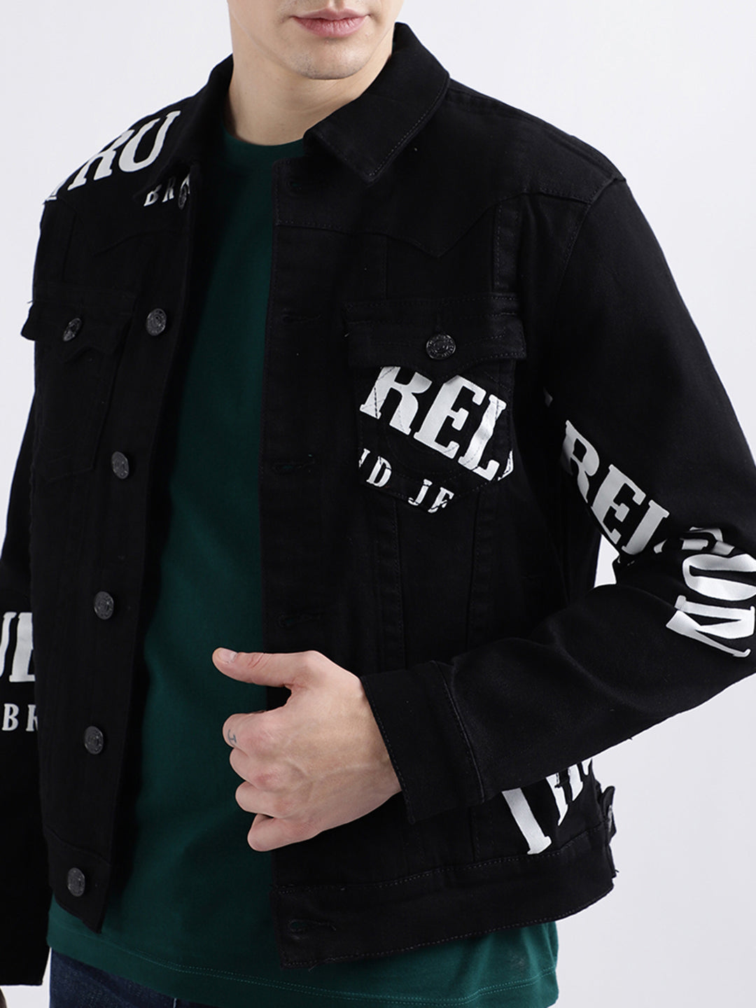 True Religion Men Black Printed Full Sleeves Collar Jacket
