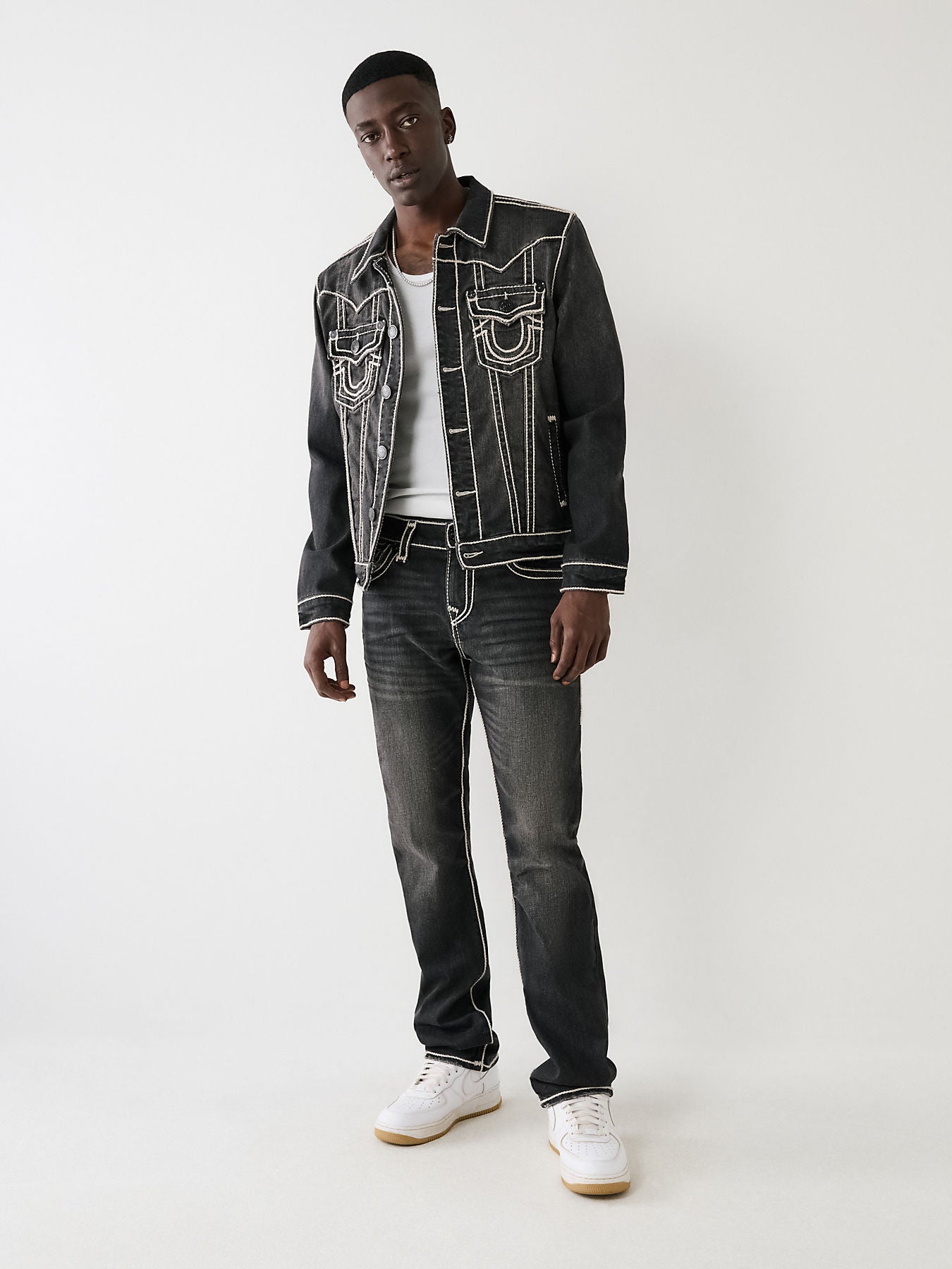 True Religion Men Solid Spread Collar Denim Jacket