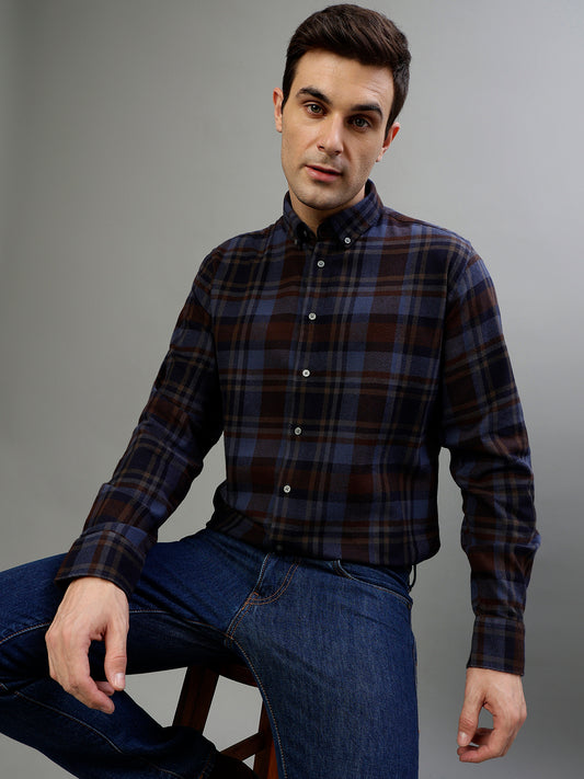 Bruun & Stengade Brown & Blue Fashion Checked Regular Fit Shirt