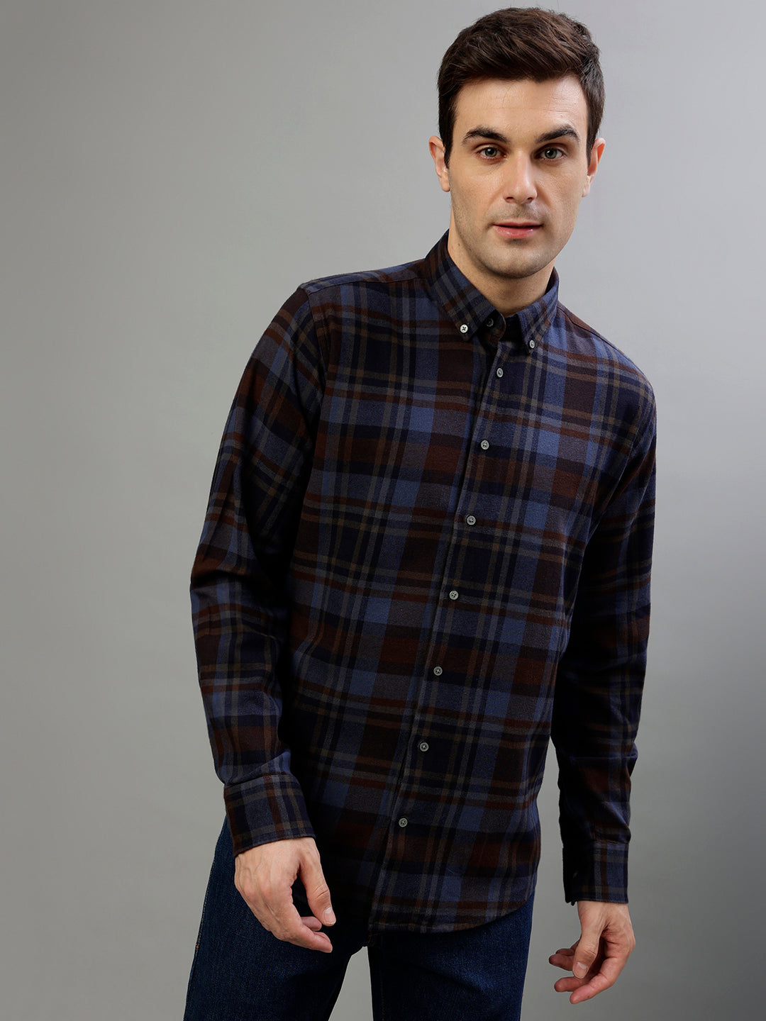 Bruun & Stengade Brown & Blue Fashion Checked Regular Fit Shirt